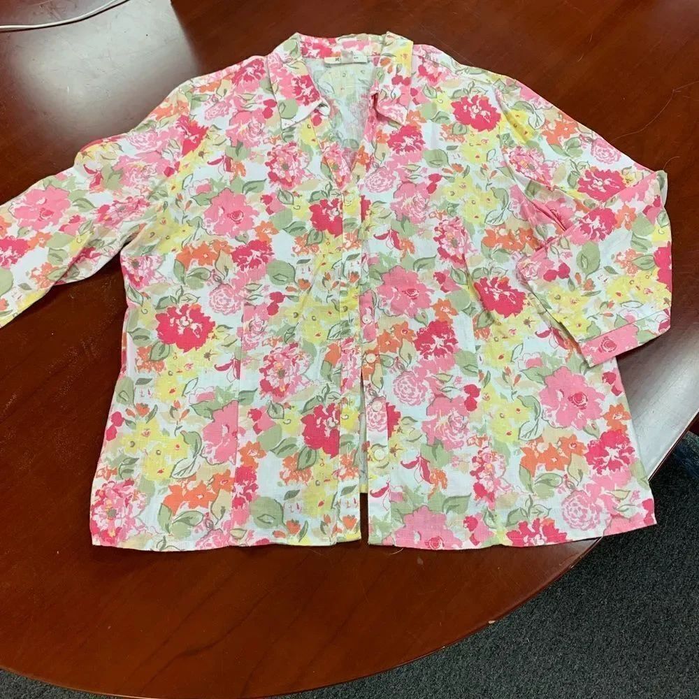 JM Collection 3/4 Sleeve Linen Floral Button Down Shirt Sz 18 EUC